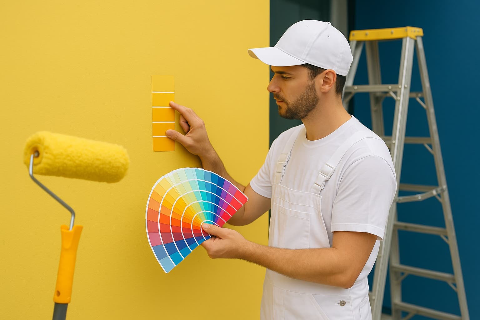 Painter colour-matching with a fan deck for a brand repaint